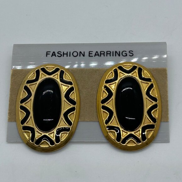 Vintage Pierced Earrings Black Cabochon 80s 90s Gold Tone Etruscan Revival - Picture 3 of 12